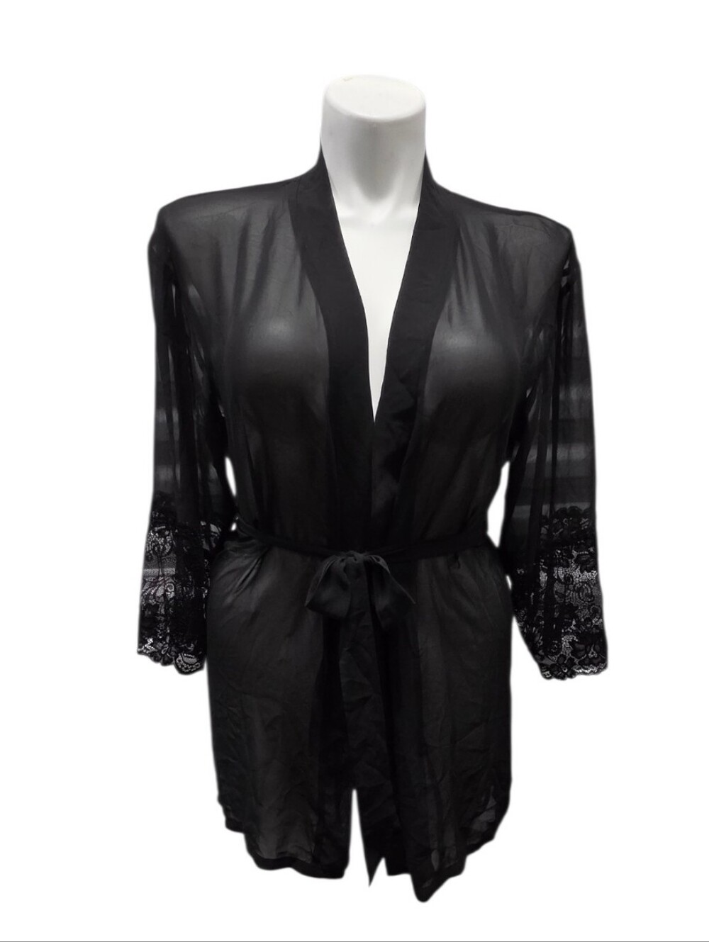 Vintage Dreamgirl Sizs XL Black Sheer Lace-Trim Short Robe